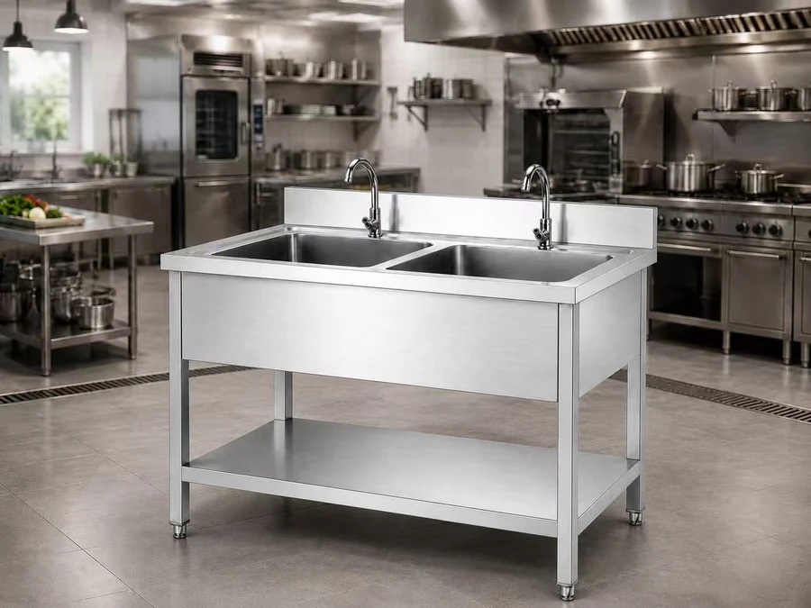 Stainless Steel Double Bowl Sink Top with Side Shelves, 250 cm